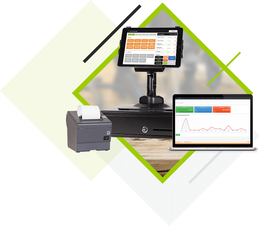 ZenSoft POS on a tablet with cash drawer, receipt printer, and the sales dashboard on a laptop