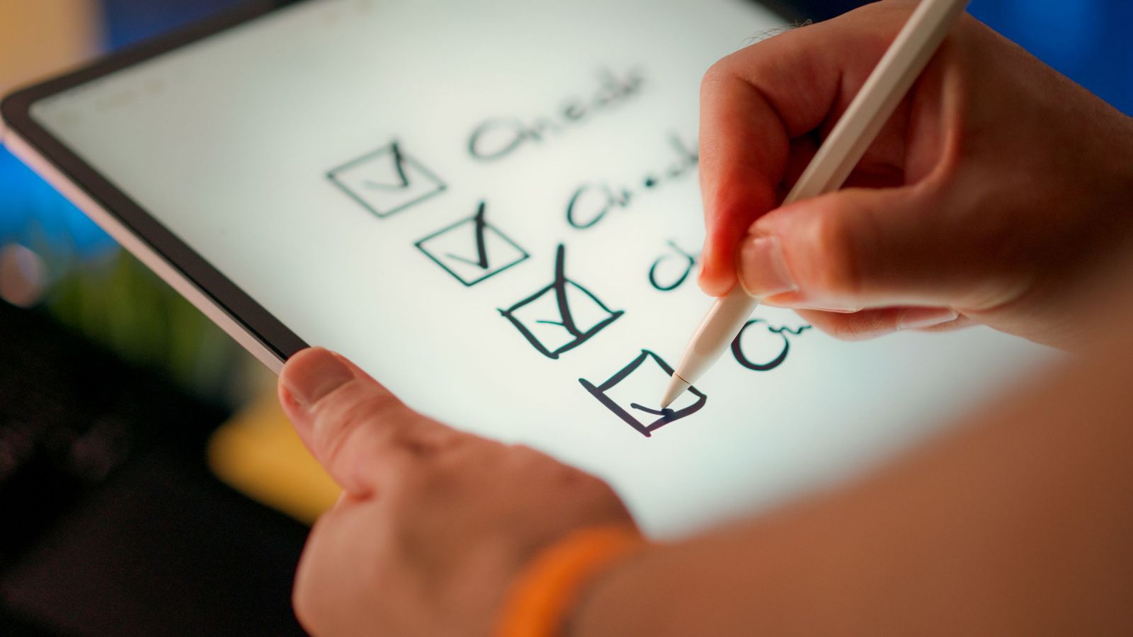 A customer tapping through a feedback form on a tablet with a stylus